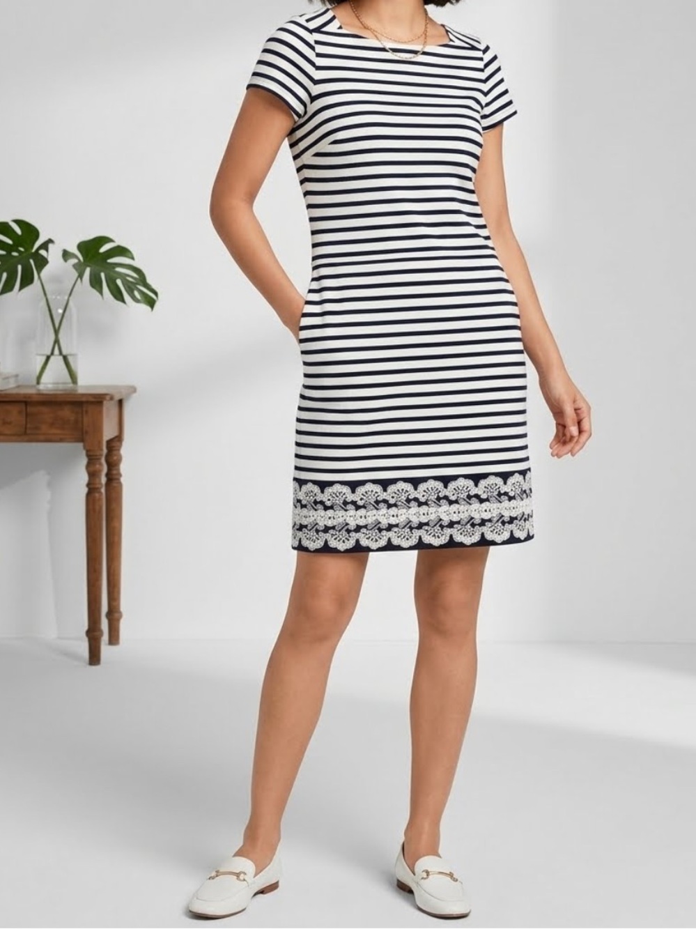 TALBOTS Shirt Dress Navy Stripe Embroidered Lace Hemline Fitted Medium Petite